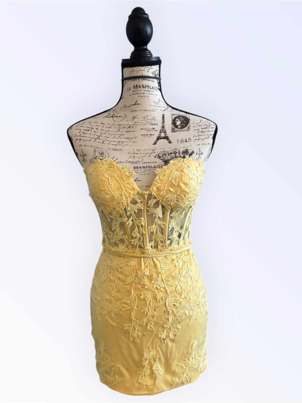 Yellow Lace Corset Mini Dress | Rhinestone Embellished